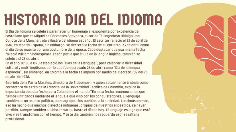 HISTORIA DIA DEL IDIOMA
El Día del Idioma se celebra para hacer un homenaje al exponente por excelencia del
castellano que es Miguel de Cerv