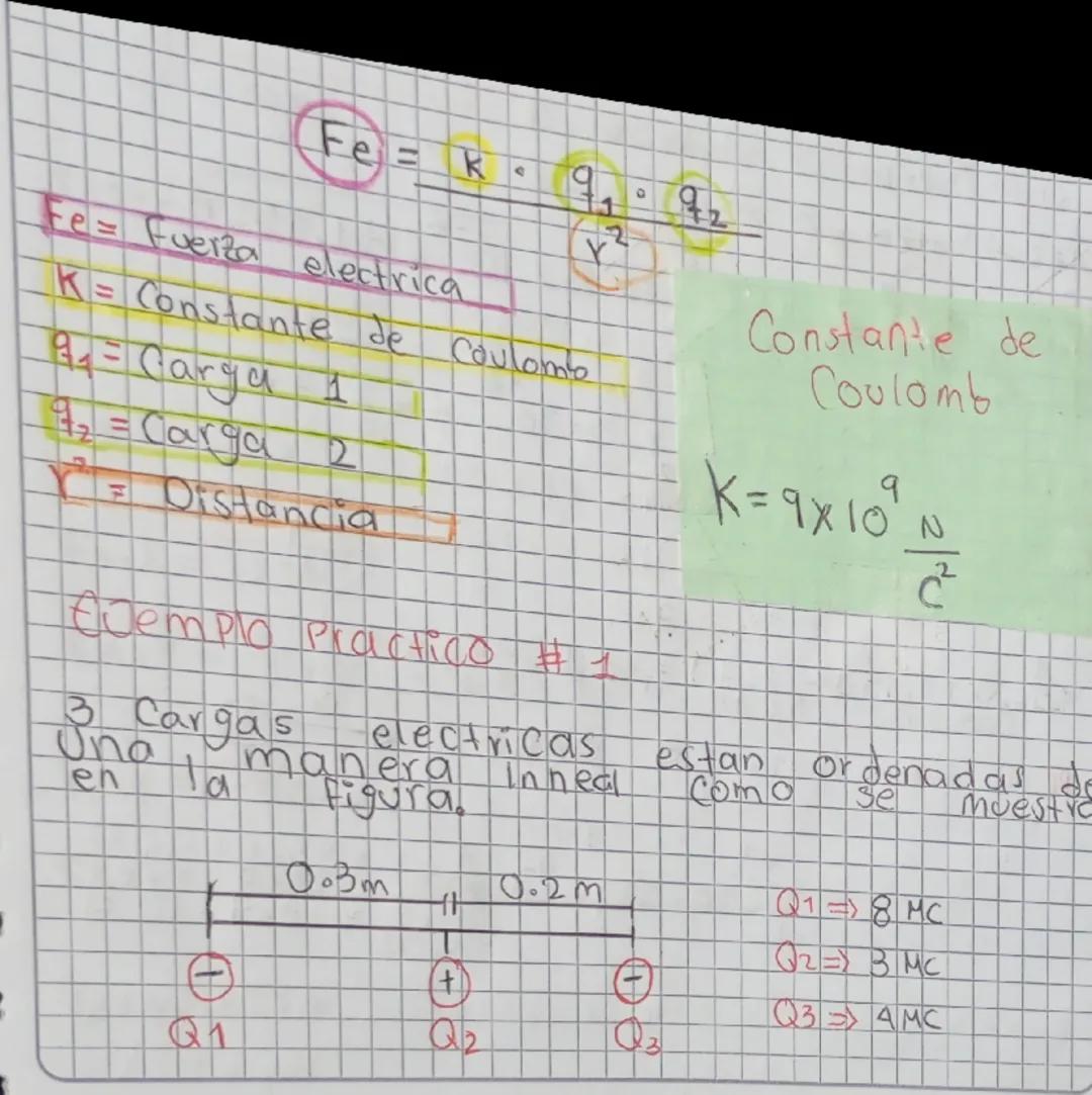 Fe = k \frac{q_1 \cdot q_2}{Y^2}
Fe = Fuerza electrica
K = Constante de Coulomo
q_1 = Carga 1
q_2 = Carga 2
Y = Distancia
Ejemplo Practico #