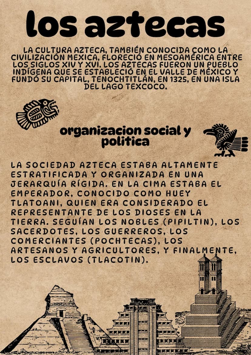 los aztecas
LA CULTURA AZTECA, TAMBIÉN CONOCIDA COMO LA
CIVILIZACIÓN MEXICA, FLORECIÓ EN MESOAMÉRICA ENTRE
LOS SIGLOS XIV Y XVI. LOS AZTECAS