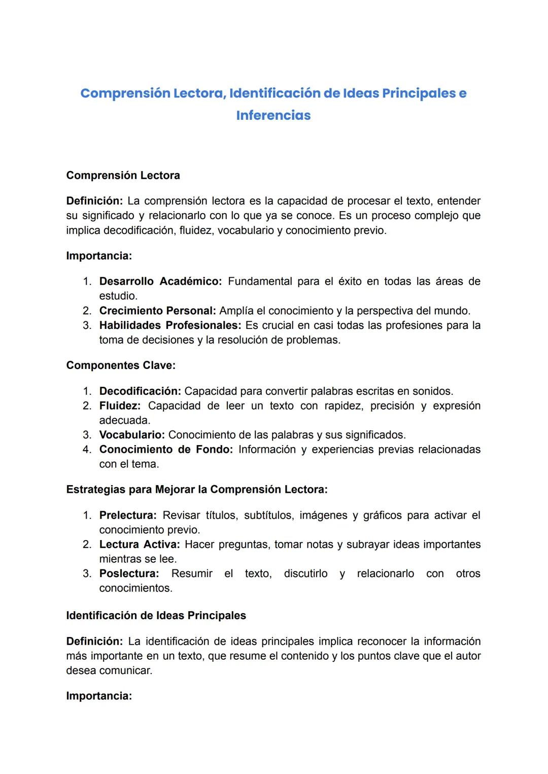 Comprensión Lectora, Identificación de Ideas Principales e Inferencias