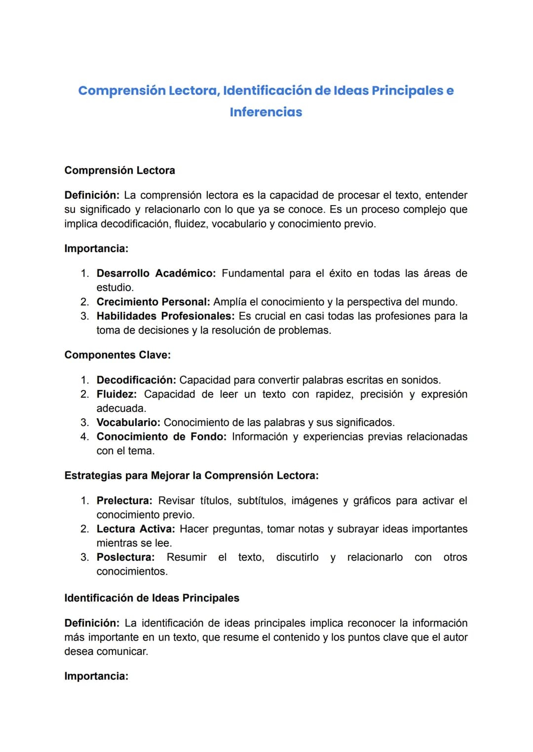 Comprensión Lectora, Identificación de Ideas Principales e
Inferencias
Comprensión Lectora
Definición: La comprensión lectora es la capacida
