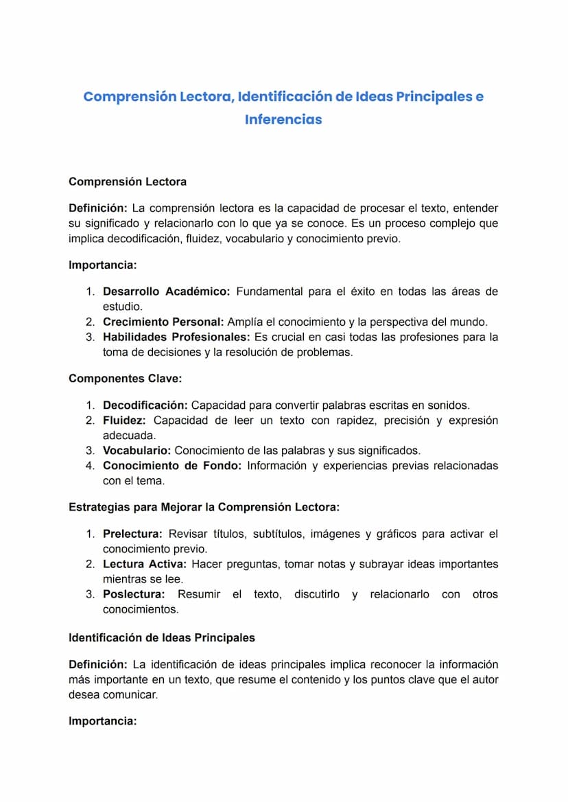 Comprensión Lectora, Identificación de Ideas Principales e
Inferencias
Comprensión Lectora
Definición: La comprensión lectora es la capacida