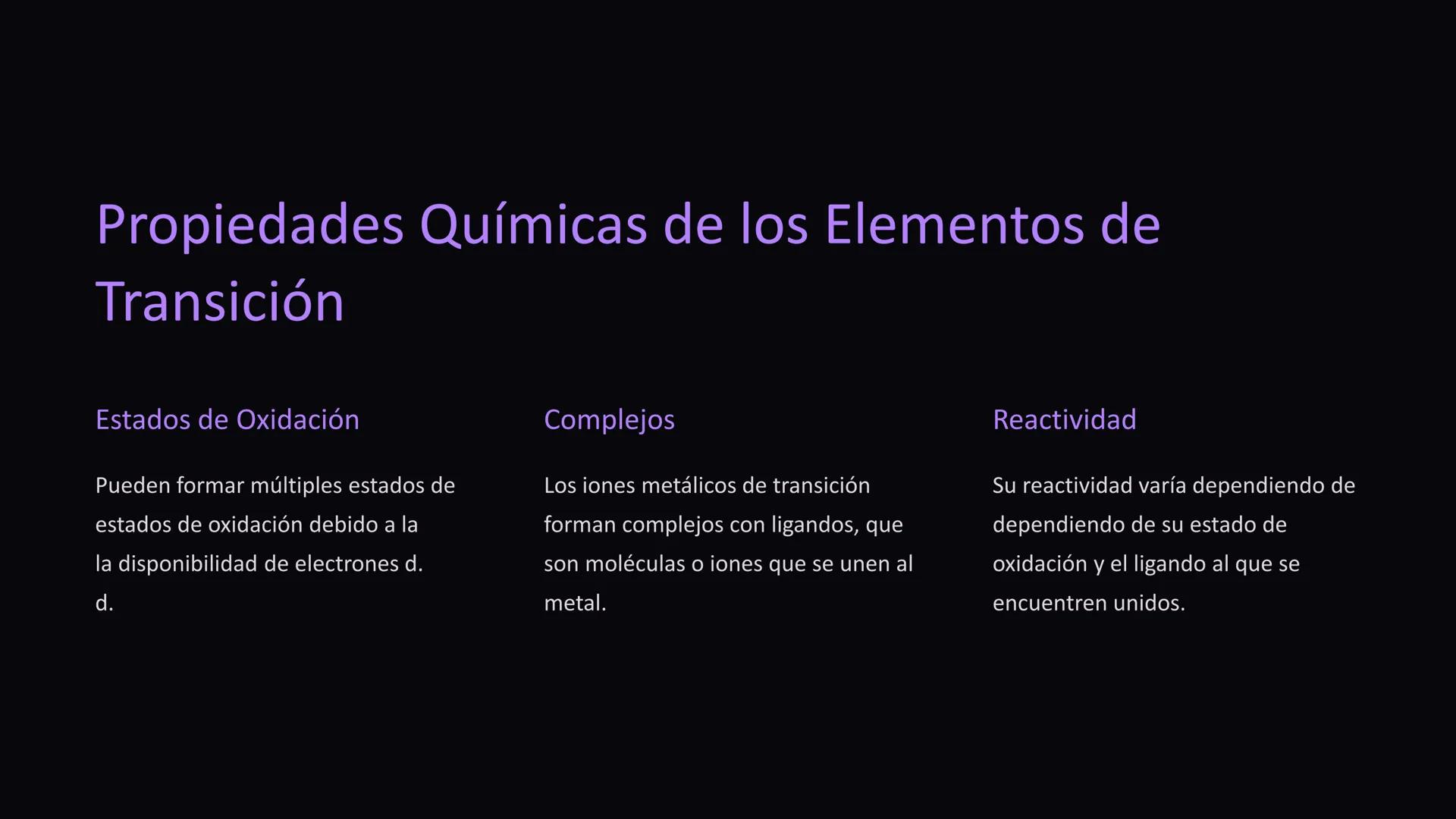 Química de los
Elementos de
Transición
Los elementos de transición se encuentran en el bloque d de la tabla
la tabla periódica. Se caracteri