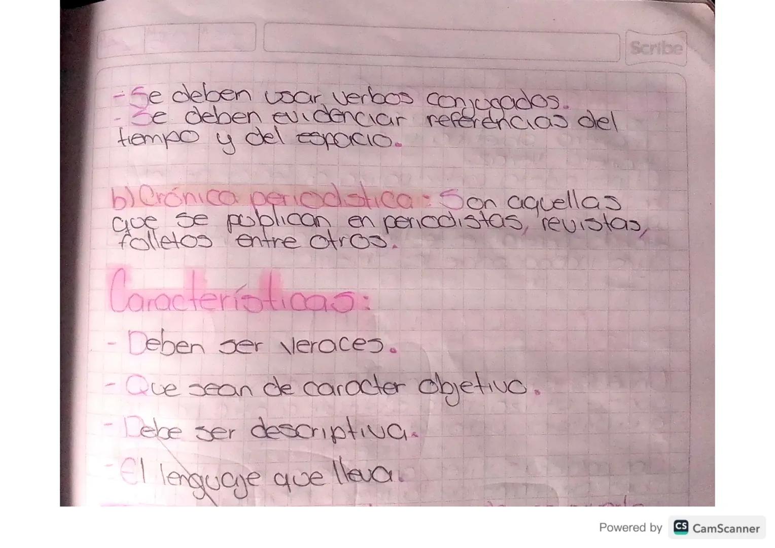 Scribe
# LA CRONICA
## LUCRARIA
La palabra, crónica proviene del griego kron
que significa tiempo.

La crónica es una narración que presenta