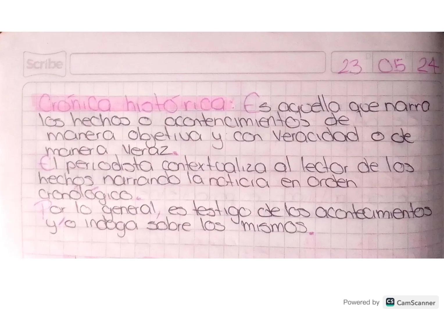 Scribe
# LA CRONICA
## LUCRARIA
La palabra, crónica proviene del griego kron
que significa tiempo.

La crónica es una narración que presenta