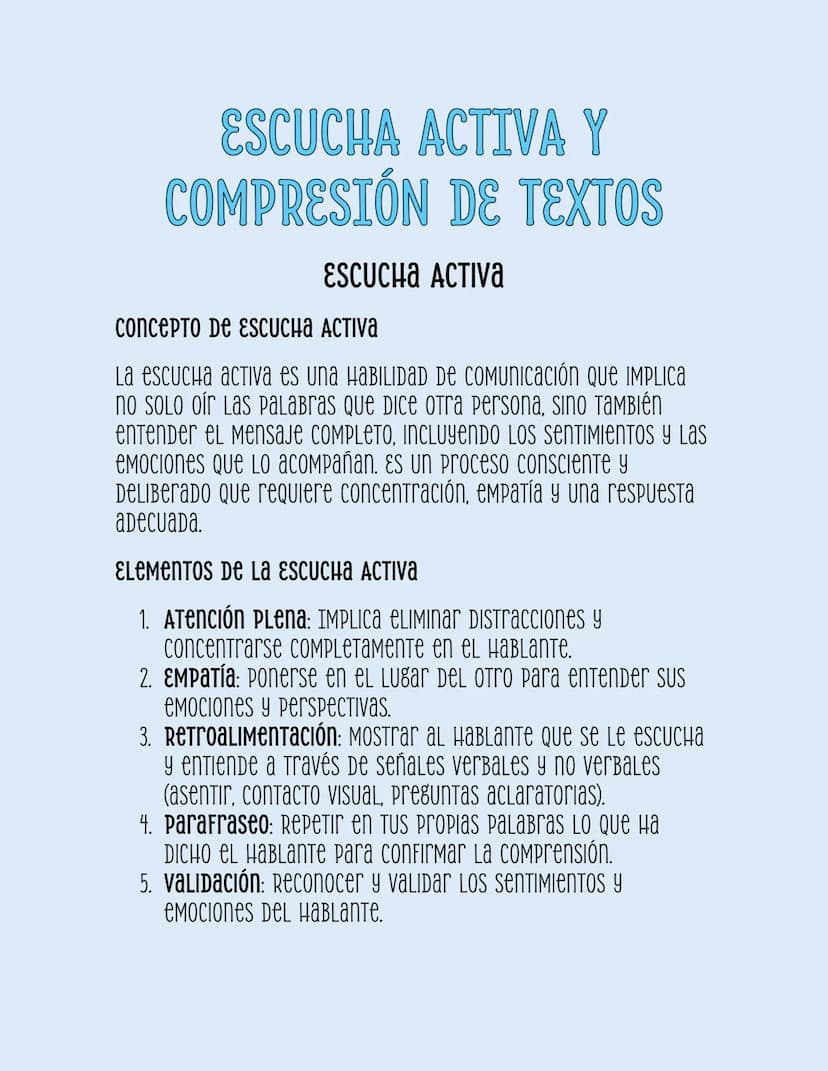 ESCUCHA ACTIVA Y
COMPRESIÓN DE TEXTOS
ESCUCHA ACTIVA
соnсерто De EscucHa ACTIva
La escucha activa es una HABILIDAD DE COMUNICACIÓN QUE IMPLI