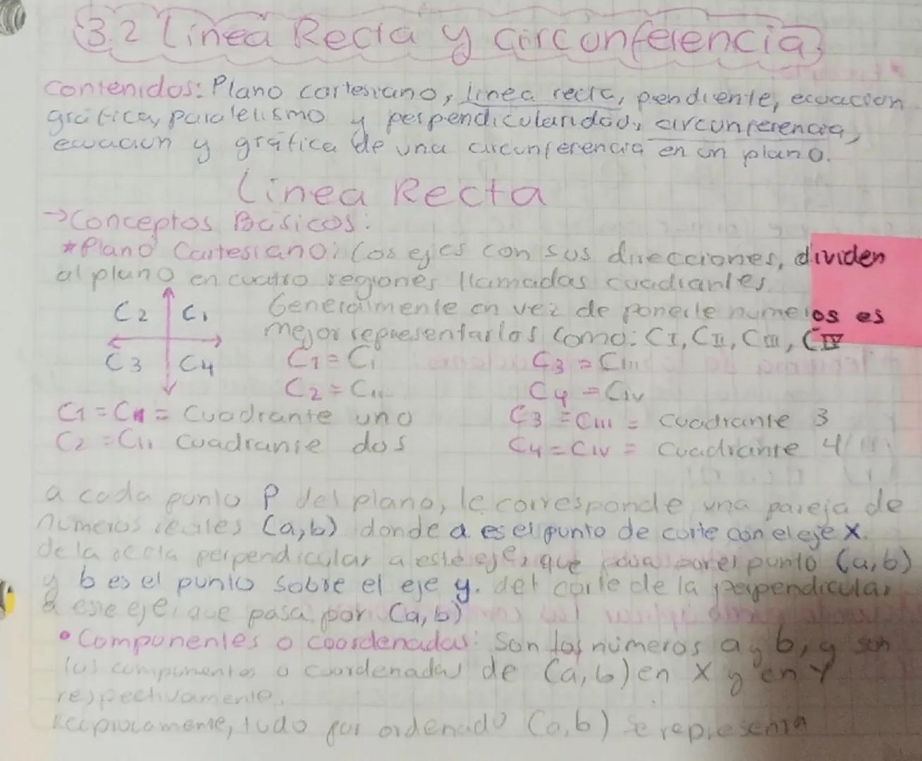 # 3.2 Linea Recia y circonferencia

Contenidos: Plano cartesiano, linea recta, pendiente, ecuación.
grafica, paralelismo y perpendicularidad
