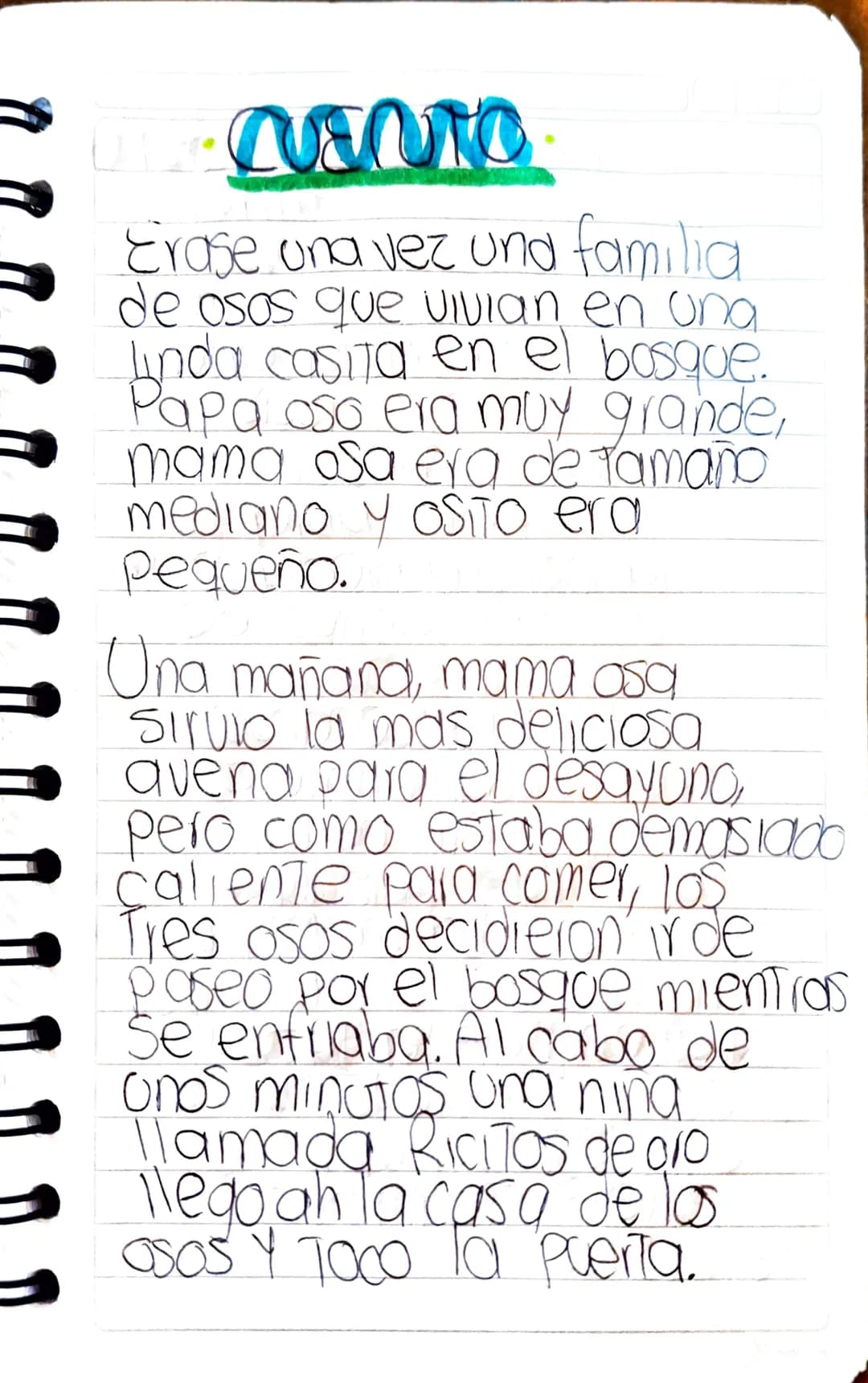 DCUENTO
Erase una vez und familia
de osos que vivian en una
Linda casita en el bosque.
Papa oso era muy grande,
mama osa era de tamaño
media