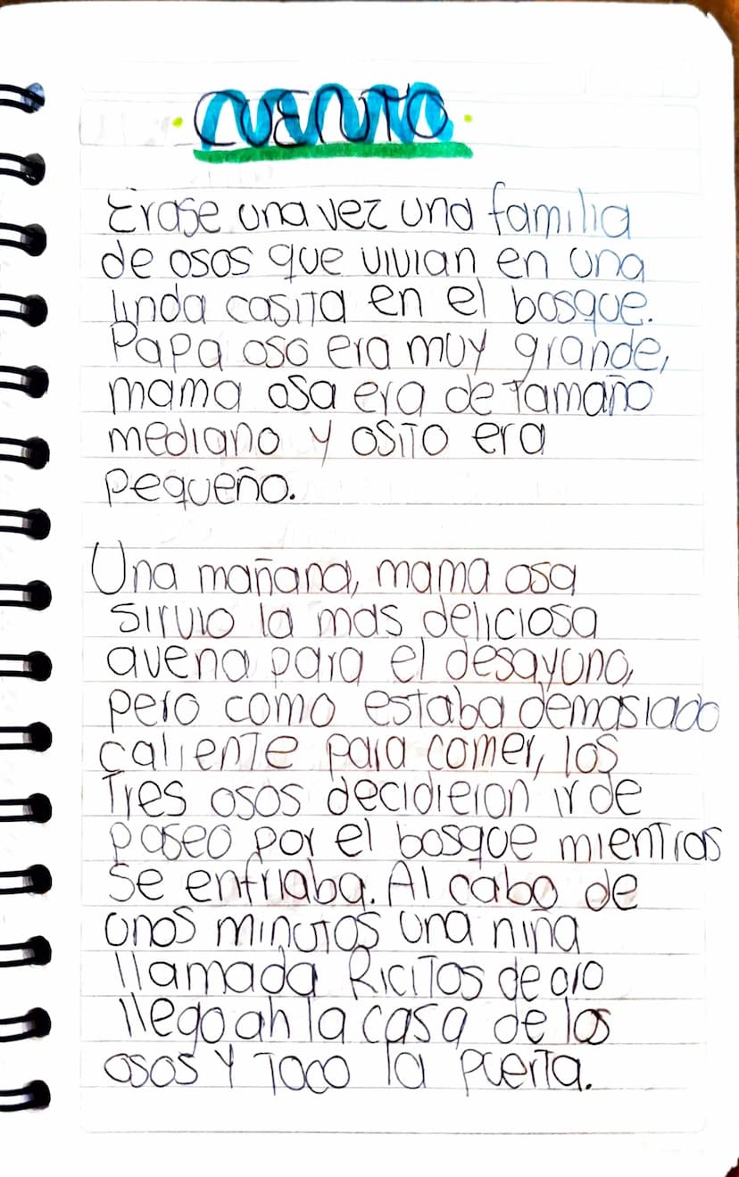 DCUENTO
Erase una vez und familia
de osos que vivian en una
Linda casita en el bosque.
Papa oso era muy grande,
mama osa era de tamaño
media