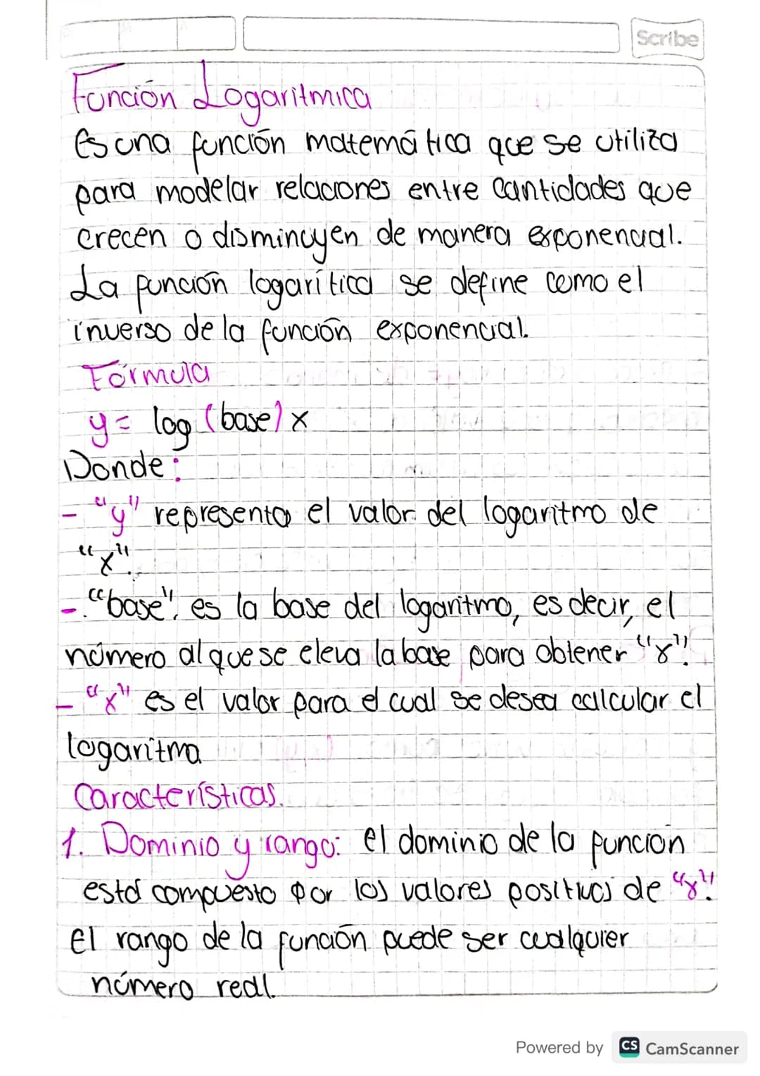 Scribe
Función Logaritmica
Es una función matemática que se utiliza
para modelar relaciones entre cantidades que
crecen o disminuyen de mane