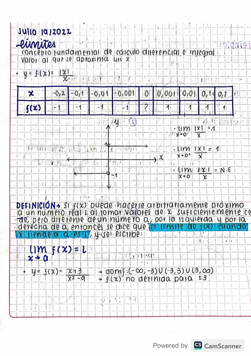 Julio 19/2022
12010 (1972
limites
concepto Fundamental de calculo diferencial e integral
valor al que se aproxima un x
y = f(x) = 1x1
х
f(x)