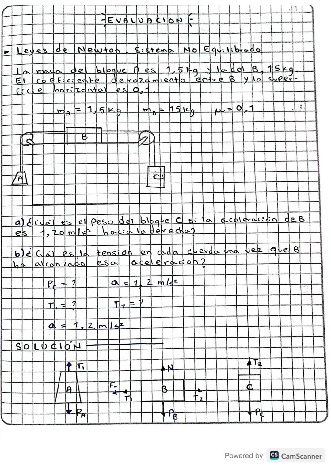 -EVALUACION-

► Leves de Newton. Sistema No Equilibrado

La masa del bloque A es 1,5kg y ladel B, 15kg.
El coeficiente derazamiento entre B 