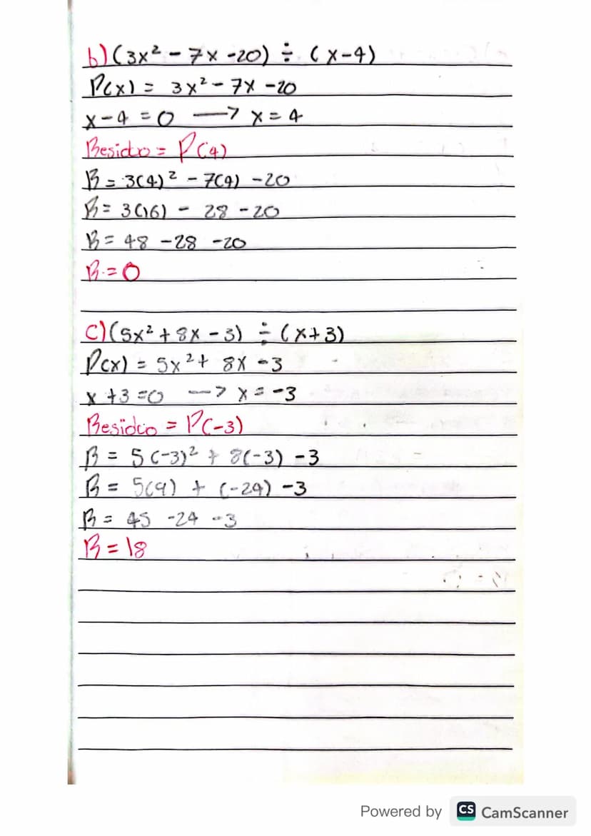J Parte uno
Division Sintetica
a) (x²+4x+3) = (x+)
x + 3 =0
-3
4 3
-3-3
1
X=-3
0->
Conciente = x+1
Yesto= O
b) (x² -2x-8) = (x+2)
-2
1
* x
8