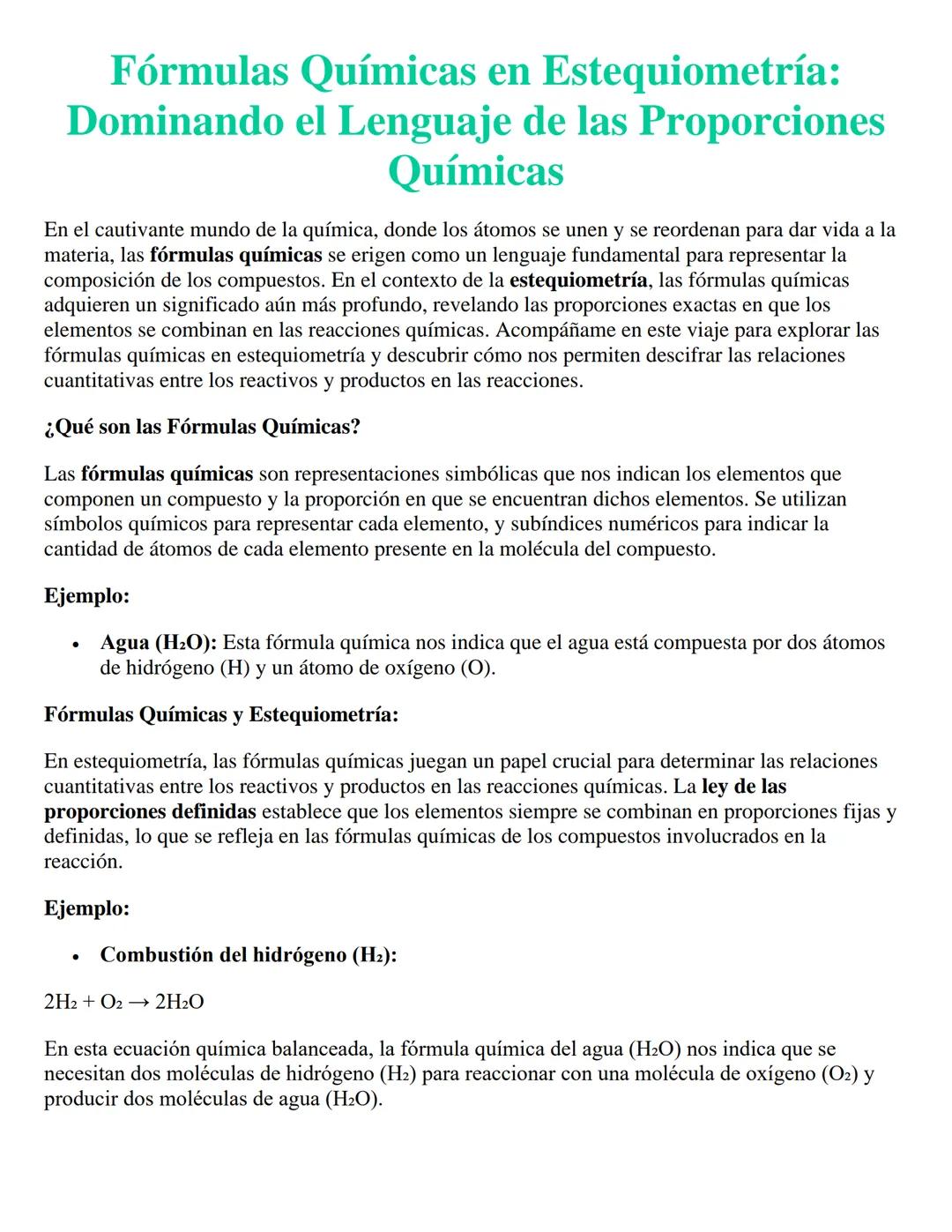 Fórmulas Químicas en Estequiometría:
Dominando el Lenguaje de las Proporciones
Químicas
En el cautivante mundo de la química, donde los átom