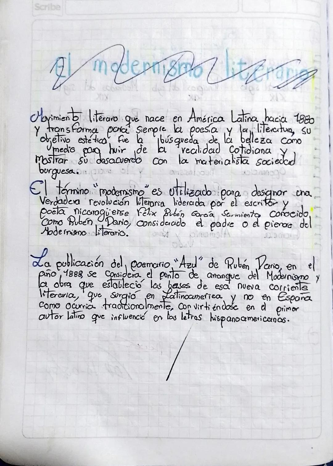 Scribe

inodermiamo litt

200

Movimiento literaro que nace en América Latina hacia 1880
Y transforma para siempre la poesía y la literatura