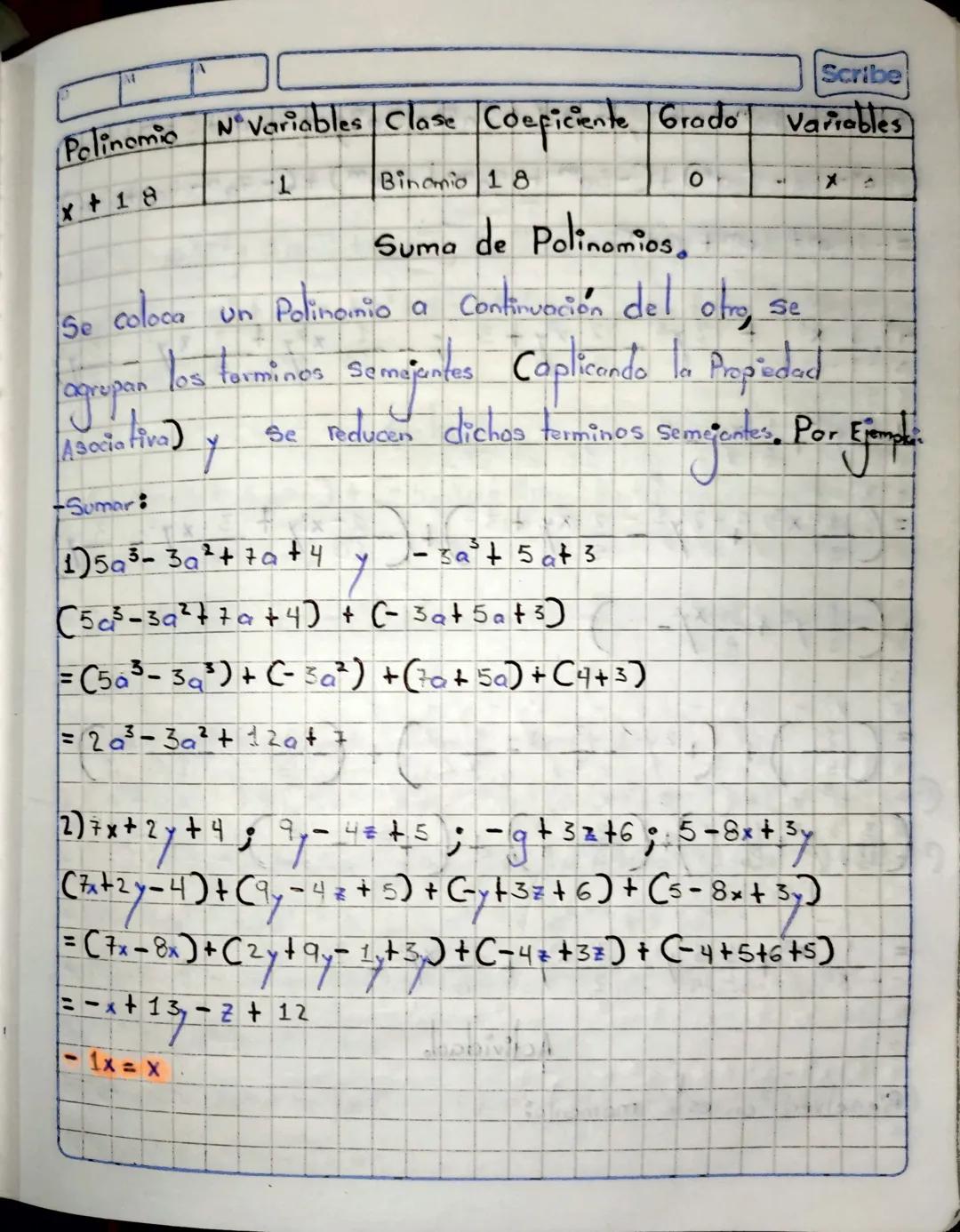 M
Scribe
| Polinomio | N° Variables | Clase | Coeficiente | Grado | Variables |
|---|---|---|---|---|---|
| x+18 | 1 | Binomio | 18 | 0 | - 