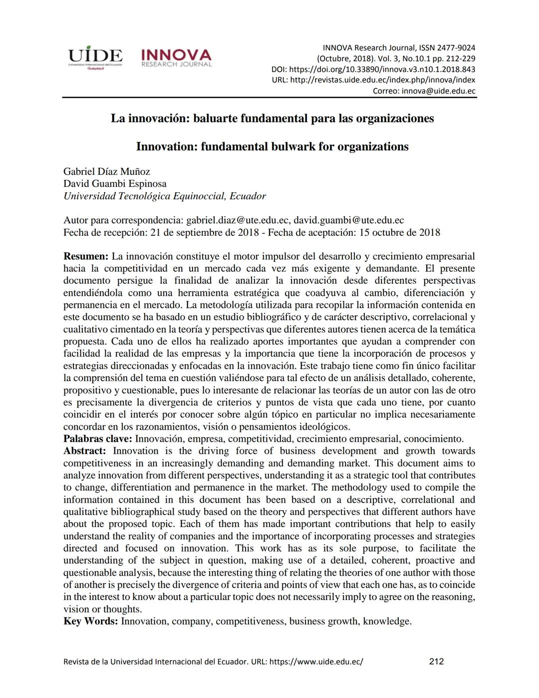 UIDE INNOVA
RESEARCH JOURNAL
INNOVA Research Journal, ISSN 2477-9024
(Octubre, 2018). Vol. 3, No.10.1 pp. 212-229
DOI: https://doi.org/10.33