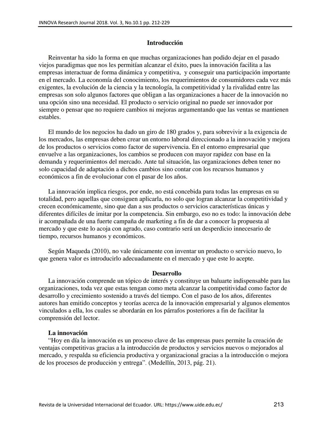 UIDE INNOVA
RESEARCH JOURNAL
INNOVA Research Journal, ISSN 2477-9024
(Octubre, 2018). Vol. 3, No.10.1 pp. 212-229
DOI: https://doi.org/10.33