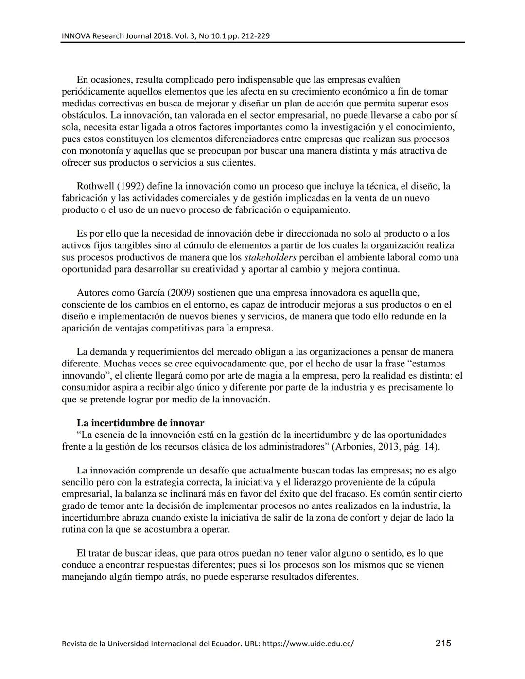 UIDE INNOVA
RESEARCH JOURNAL
INNOVA Research Journal, ISSN 2477-9024
(Octubre, 2018). Vol. 3, No.10.1 pp. 212-229
DOI: https://doi.org/10.33