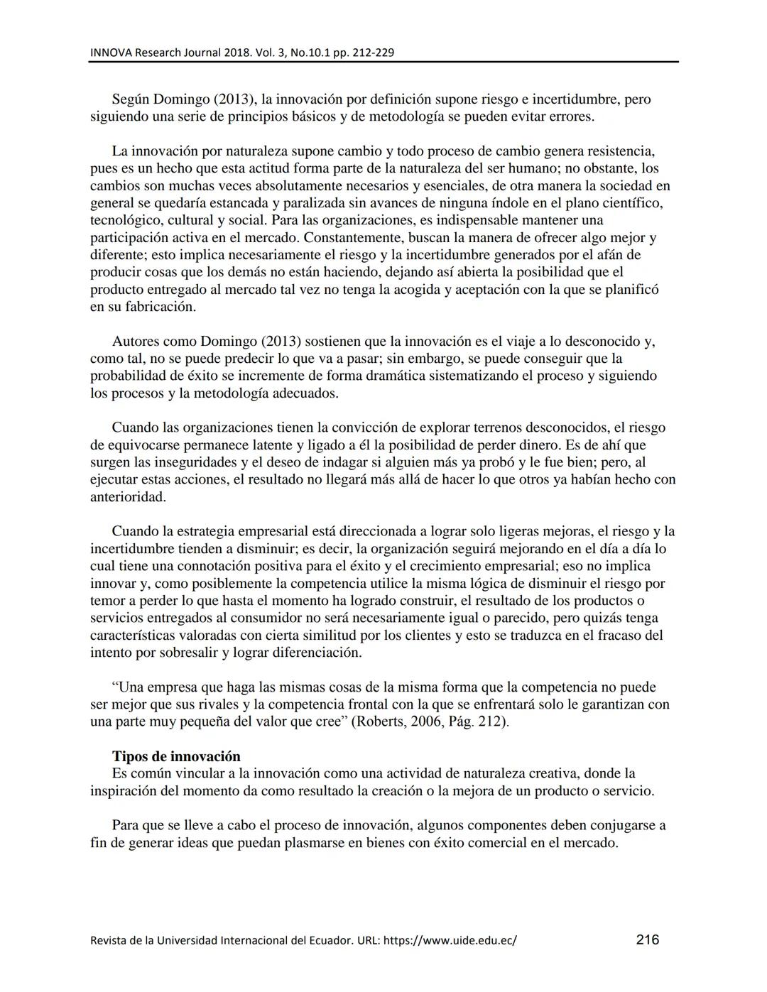 UIDE INNOVA
RESEARCH JOURNAL
INNOVA Research Journal, ISSN 2477-9024
(Octubre, 2018). Vol. 3, No.10.1 pp. 212-229
DOI: https://doi.org/10.33