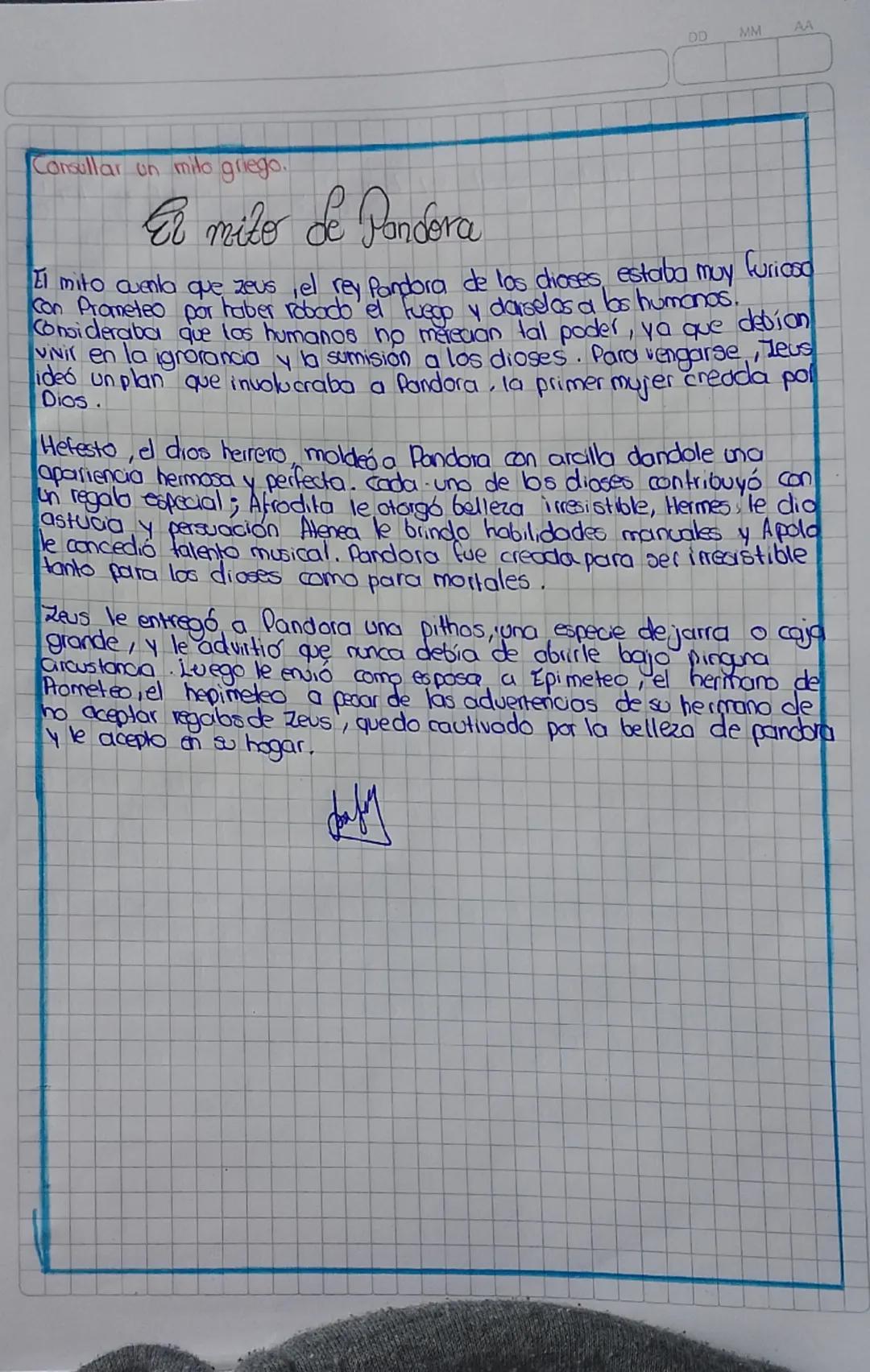 Consullar un mito griego.

# El mito de Pandora

Il mito cuenta que zeus, el rey Pandora de los dioses, estaba muy furioso
Con Prometeo por 
