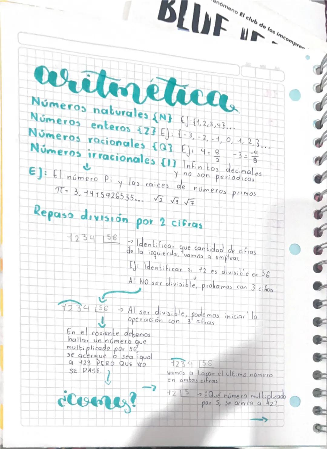 --- OCR Start ---
Tenómeno El club de los imcomprer
BLUFF
aritmetica
Números naturales {N} () {1,2,3,4}...
Números enteros {2} EJ: {-3, -2, 
