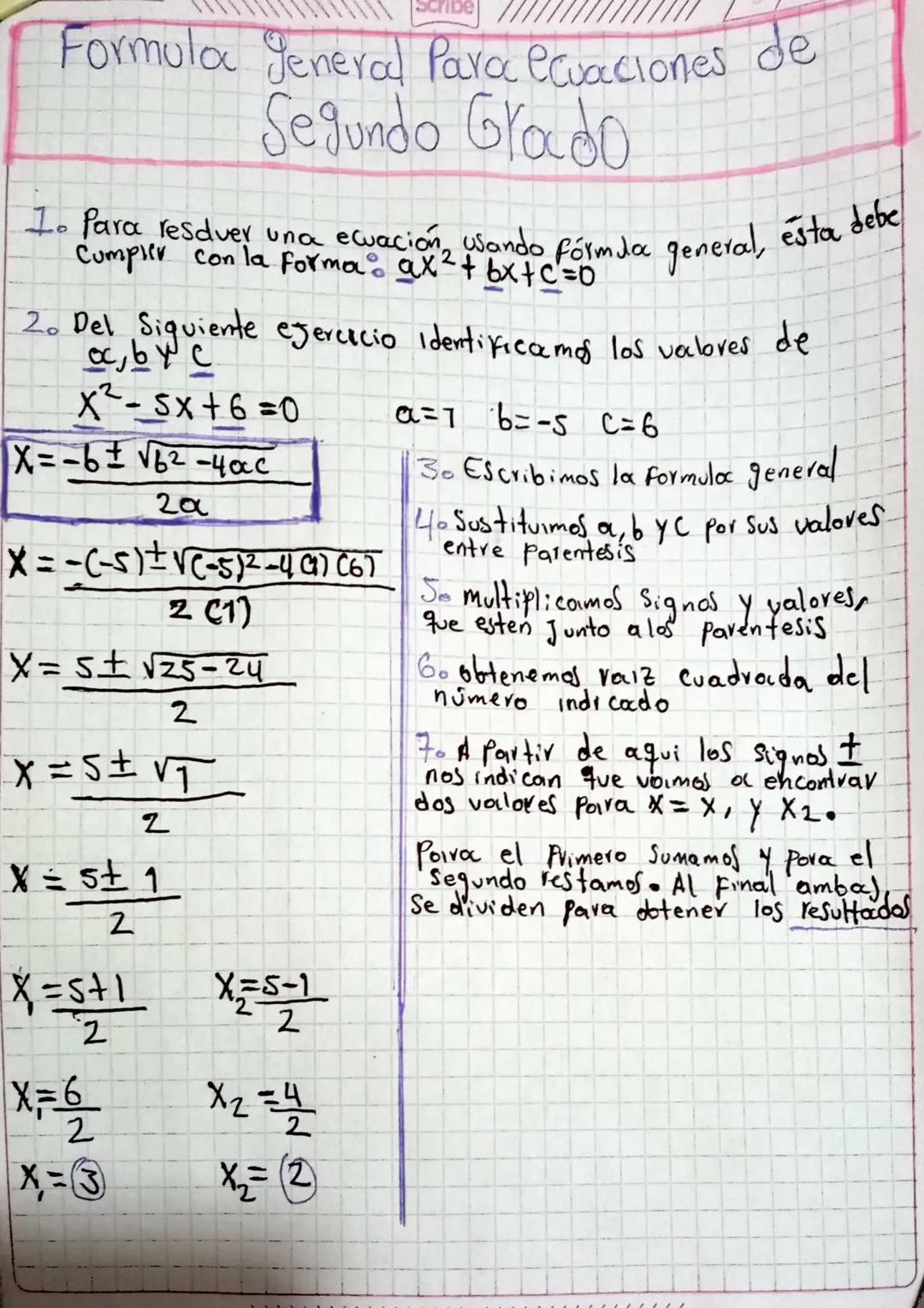 Matemáticas - formula general para ecuaciones de segundo grado.
