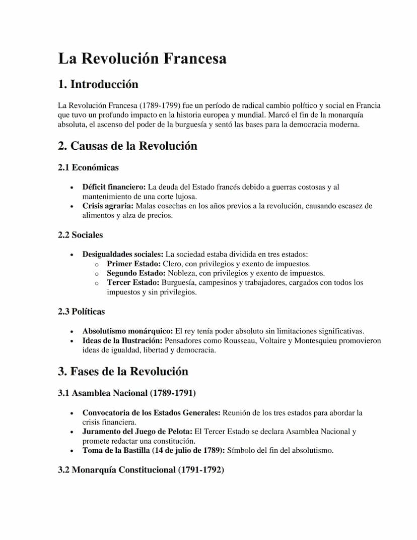 La Revolución Francesa
1. Introducción
La Revolución Francesa (1789-1799) fue un período de radical cambio político y social en Francia
que 