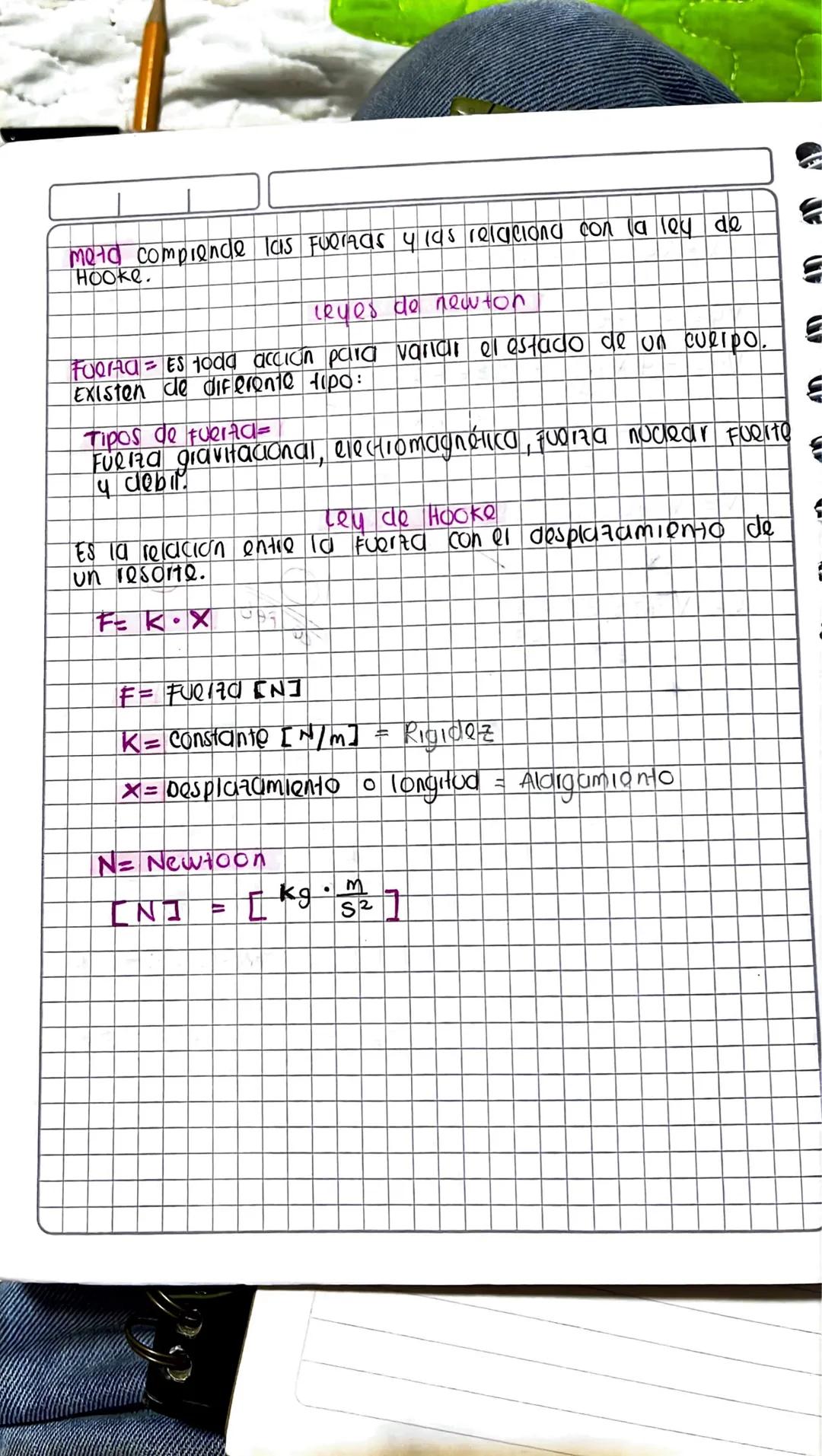 meta comprende las fuerzas y las relaciona con la ley de
Hooke.

leyes de newton

Fuoraa ES todda acción para varnar el estado de un cuerpo.