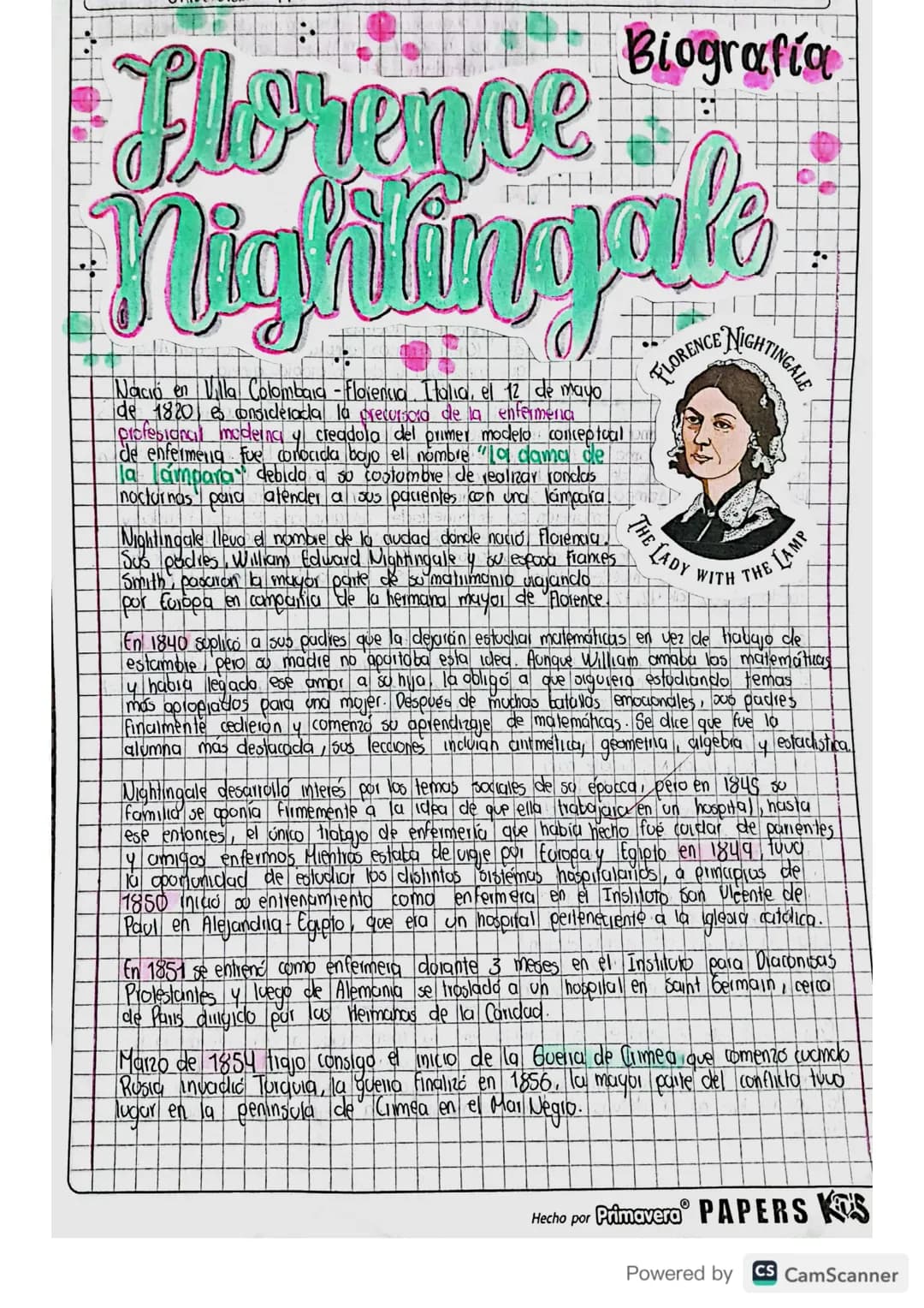 Biografia
Florence
Nightingal's
Nació en Villa Colombia - Florencia Italia, el 12 de mayo
de 1820, es considerada la precursord de la enferm