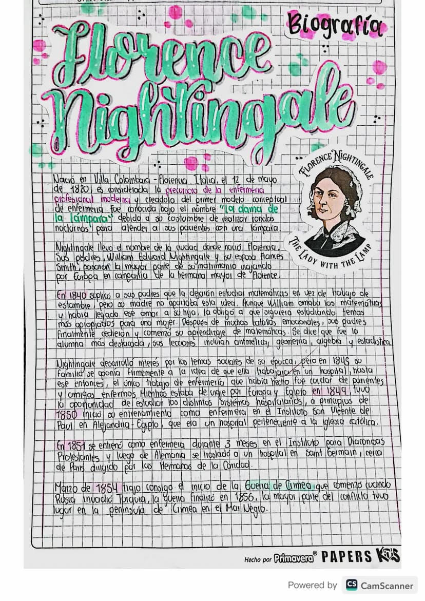 Biografia
Florence
Nightingal's
Nació en Villa Colombia - Florencia Italia, el 12 de mayo
de 1820, es considerada la precursord de la enferm