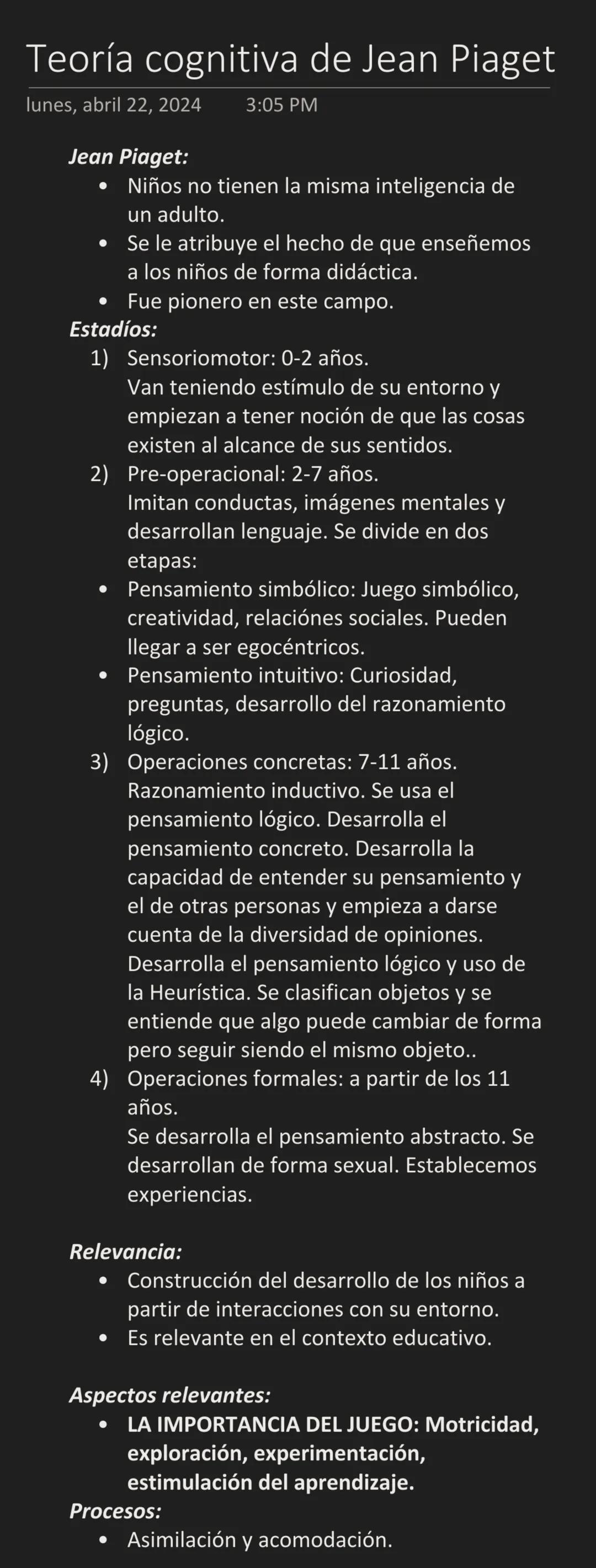 # Teoría cognitiva de Jean Piaget

lunes, abril 22, 2024 3:05 PM

Jean Piaget:

- Niños no tienen la misma inteligencia de
  un adulto.
- Se