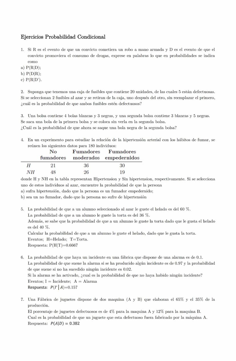 Ejercicios Probabilidad Condicional
1. Si R es el evento de que un convicto cometiera un robo a mano armada y D es el evento de que el
convi