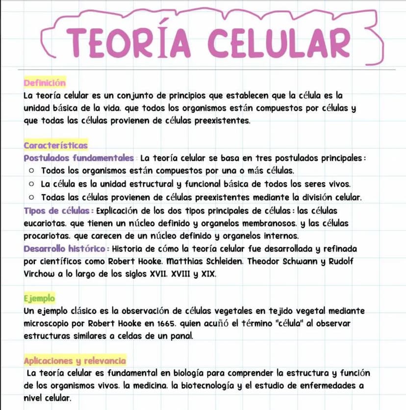 TEORÍA CELULAR
Definición
La teoría celular es un conjunto de principios que establecen que la célula es la
unidad básica de la vida. que to