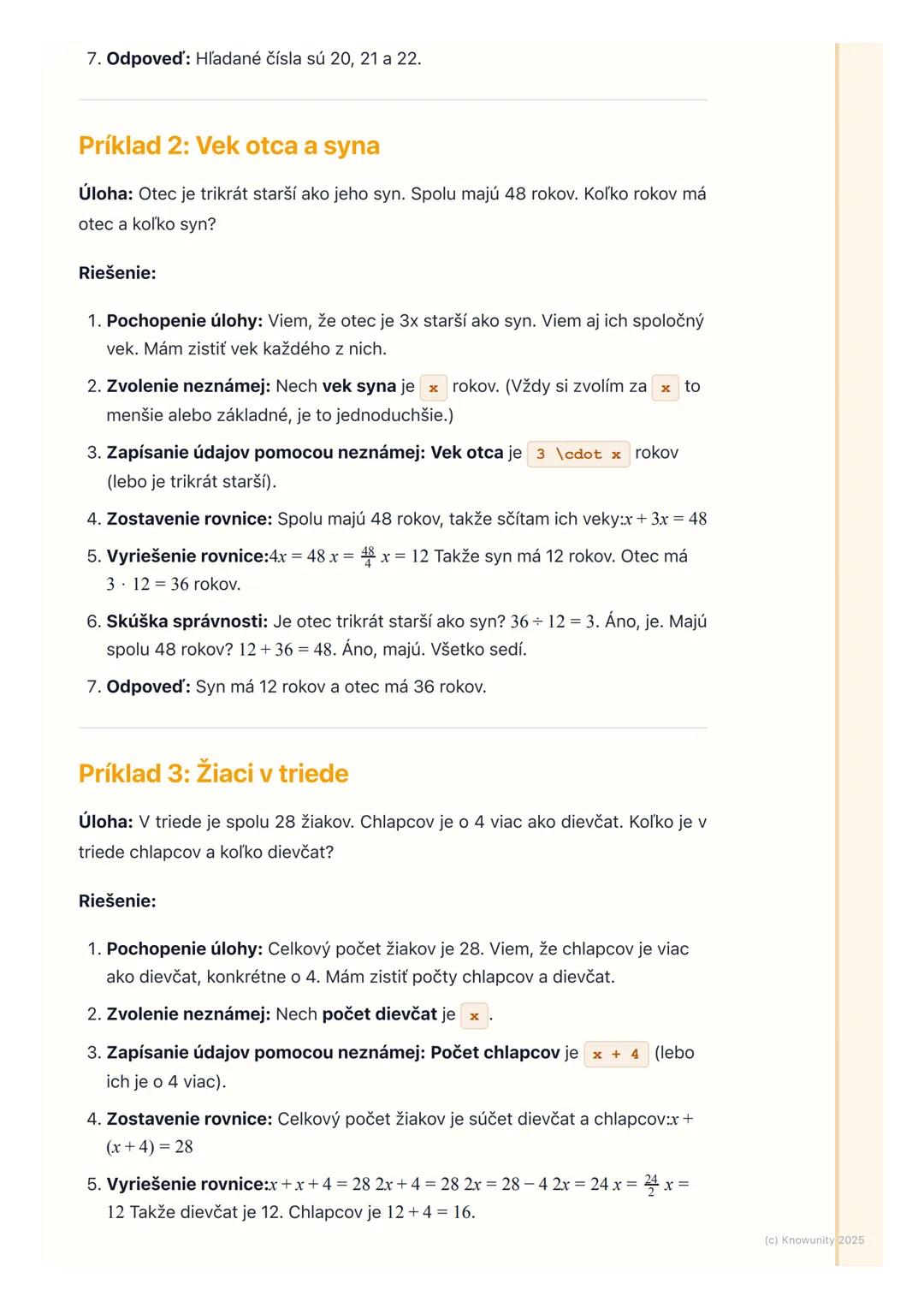 # Slovné úlohy vedúce na
lineárne rovnice

1. Prehľad slovných úloh

Slovné úlohy sú vlastne príklady z reálneho života, ktoré sú opísané sl