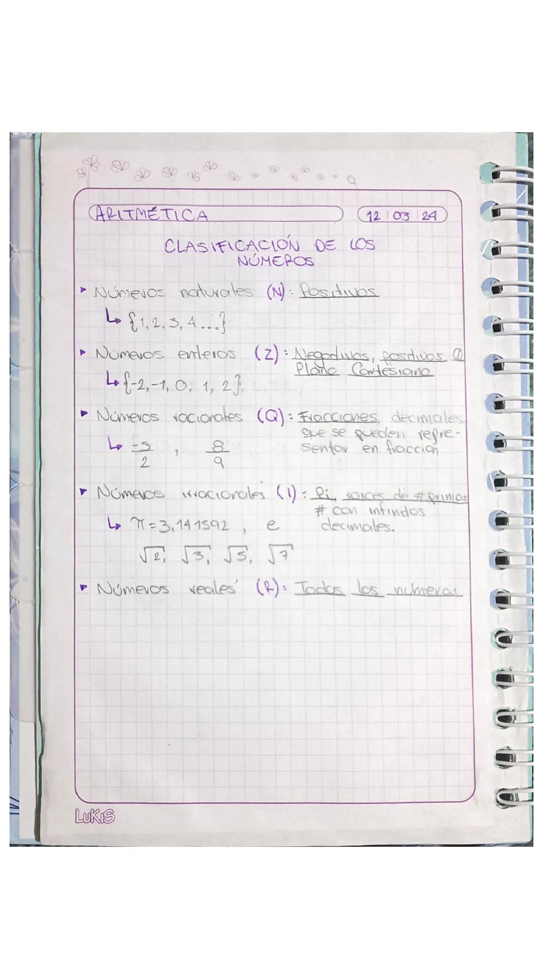 ARITMETICA

12 03 24

CLASIFICACIÓN DE LOS
NÚMEROS

*   Números naturales (N): Positivos

    L{1,2,3,4...}

*   Números enteros (2): Negodw