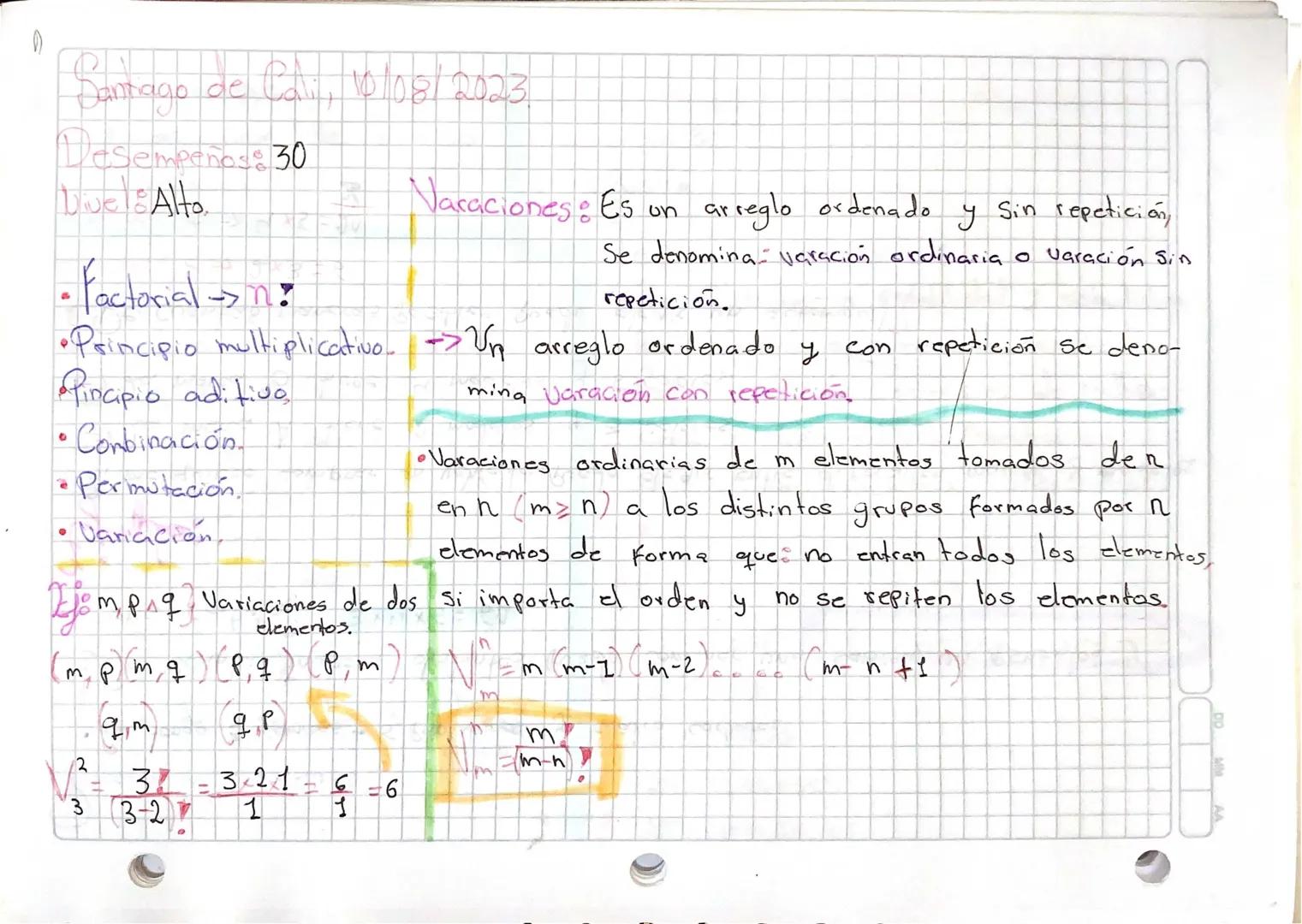30
Santiago
de
Cal., 10/08/2023
50
3 Vacaciones: Es on
arreglo ordenado y Sin repetición,
。 Varación Sin
Desempeños: 3
Dive & Alto
• Factori