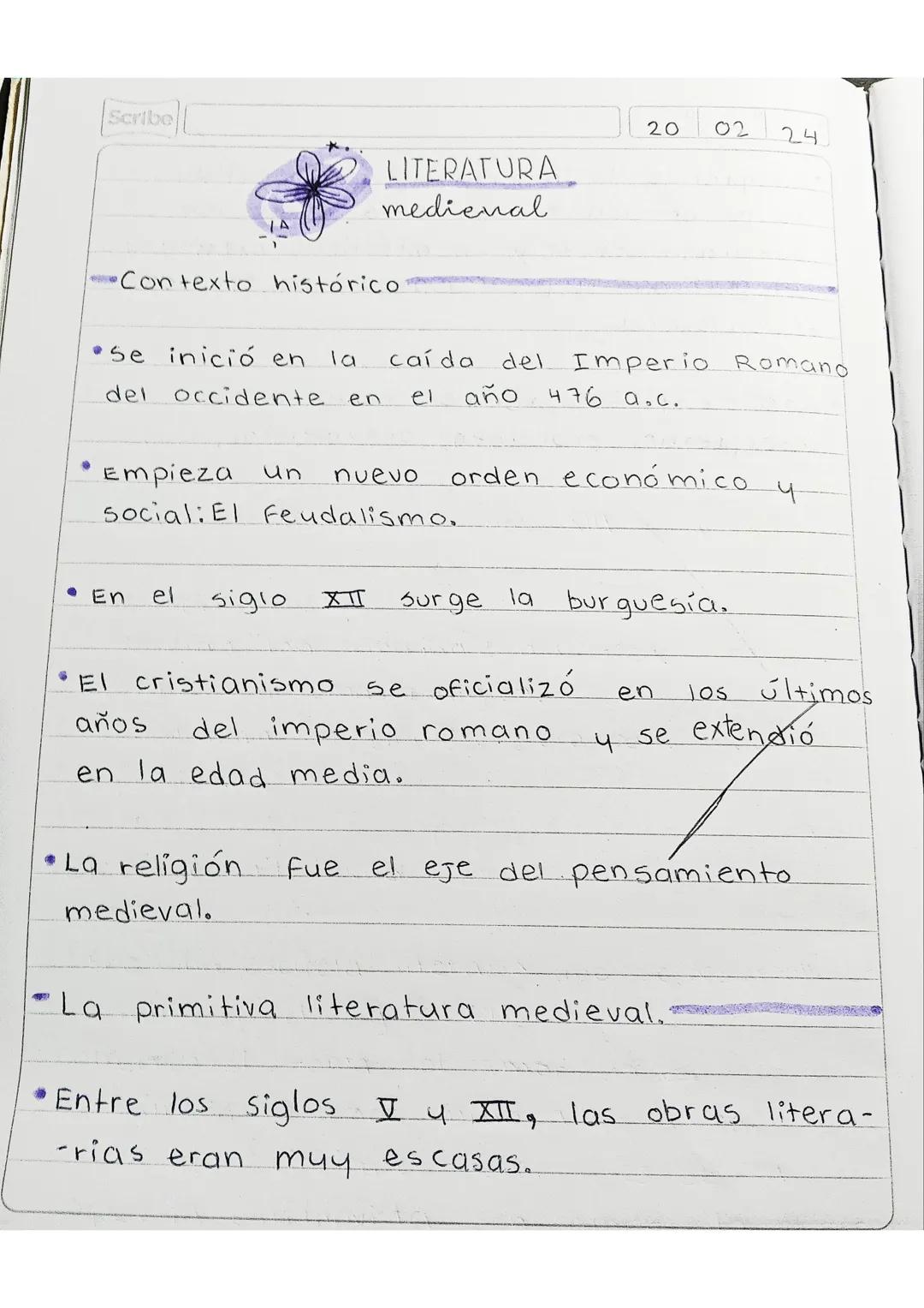 Scribe

LITERATURA
medienal

-Contexto histórico

20

02

24

*   Se inició en la caída del Imperio Romano
del occidente en el año 476 a.c.
