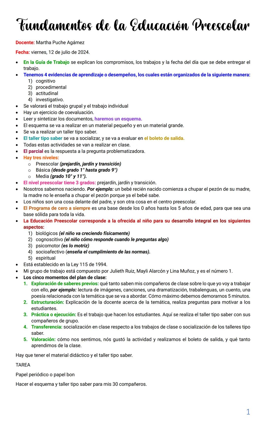 Fundamentos de la Educación Preescolar
Docente: Martha Puche Agámez
Fecha: viernes, 12 de julio de 2024.
•
•
En la Guía de Trabajo se explic