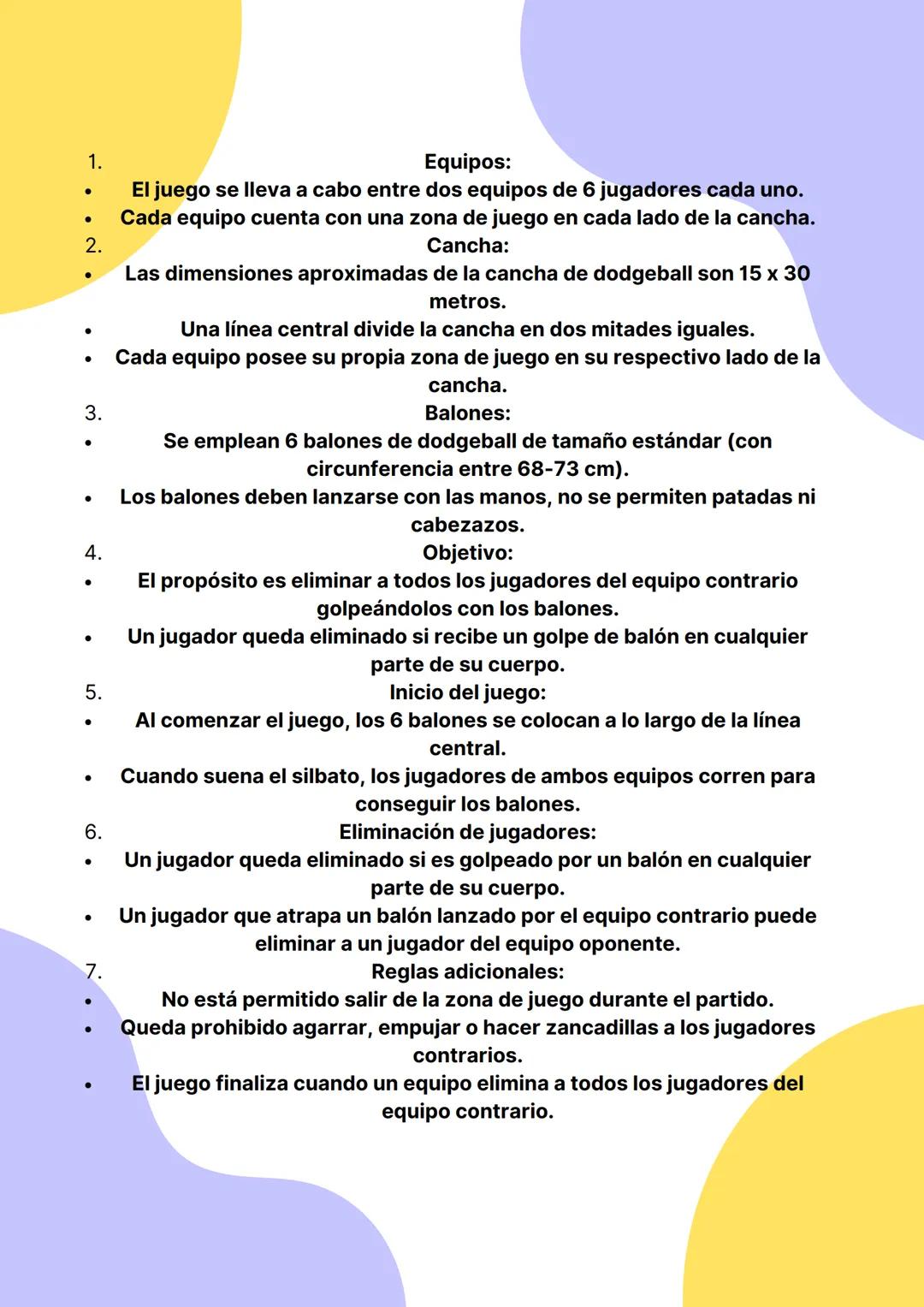 1.
Equipos:
- El juego se lleva a cabo entre dos equipos de 6 jugadores cada uno.
- Cada equipo cuenta con una zona de juego en cada lado de