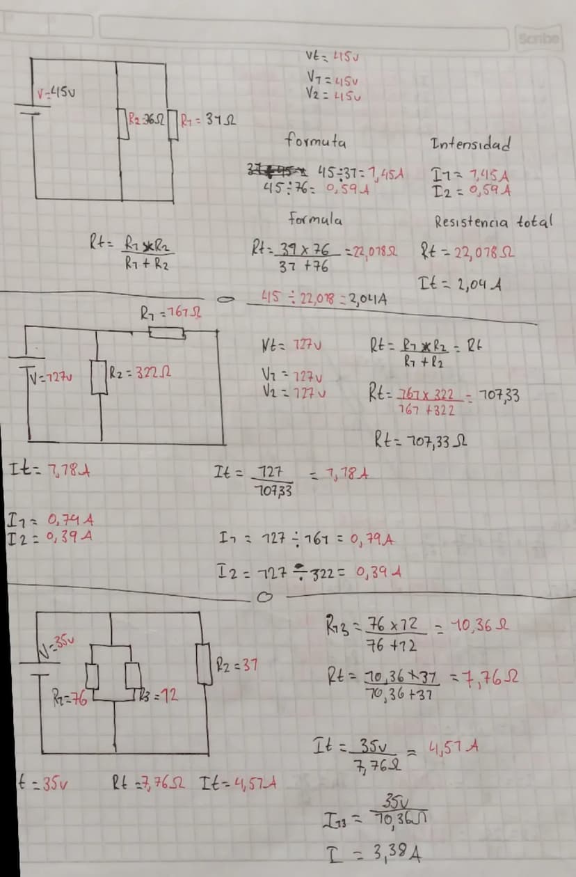 Scribe
VĘ=45U
V7=45V
V2=45U
R2=36,52 R1=37,2
formuta
Intensidad
23495 45:37=7,45A I1=7,45A
45:76=0,594 I2=0,59 A
Formula
Resistencia total
R