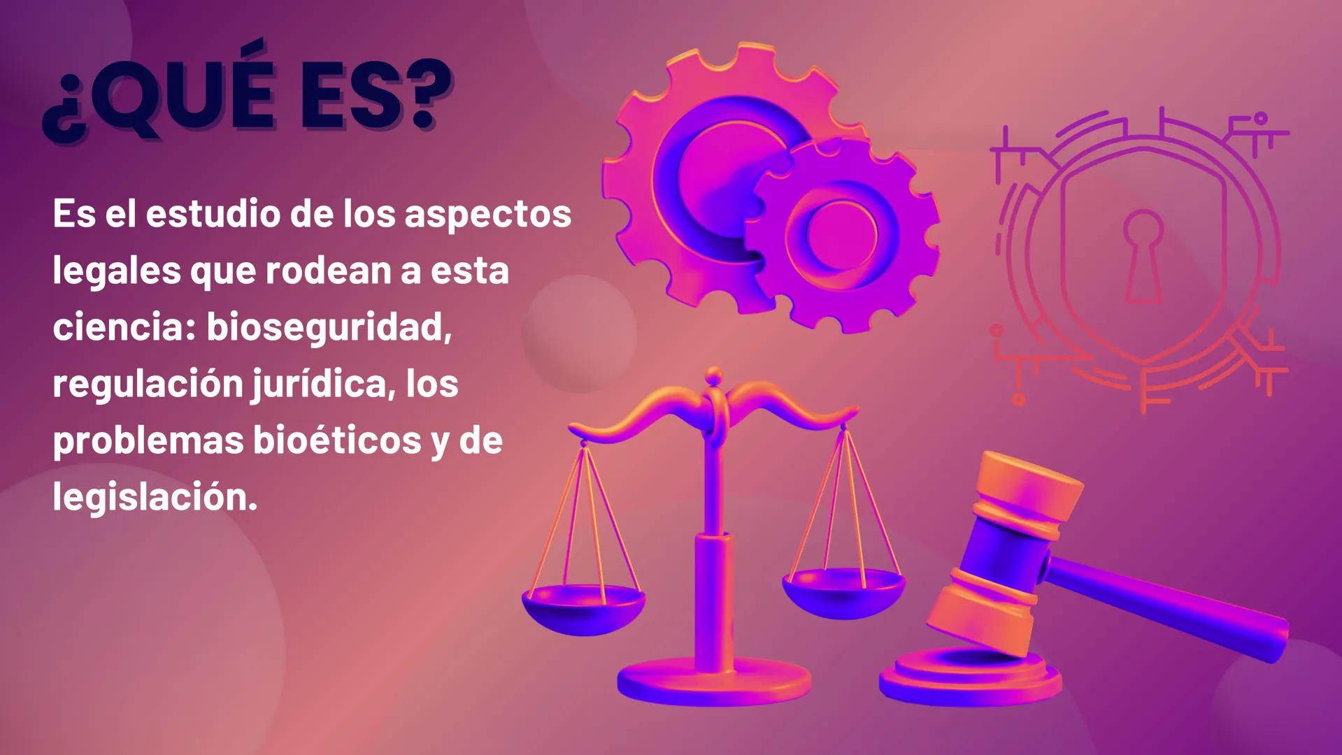 BIOTECNOLOGÍA
MORADA. 99б.
Путь ¿QUÉ ES?
Es el estudio de los aspectos
legales que rodean a esta
ciencia: bioseguridad,
regulación jurídica,