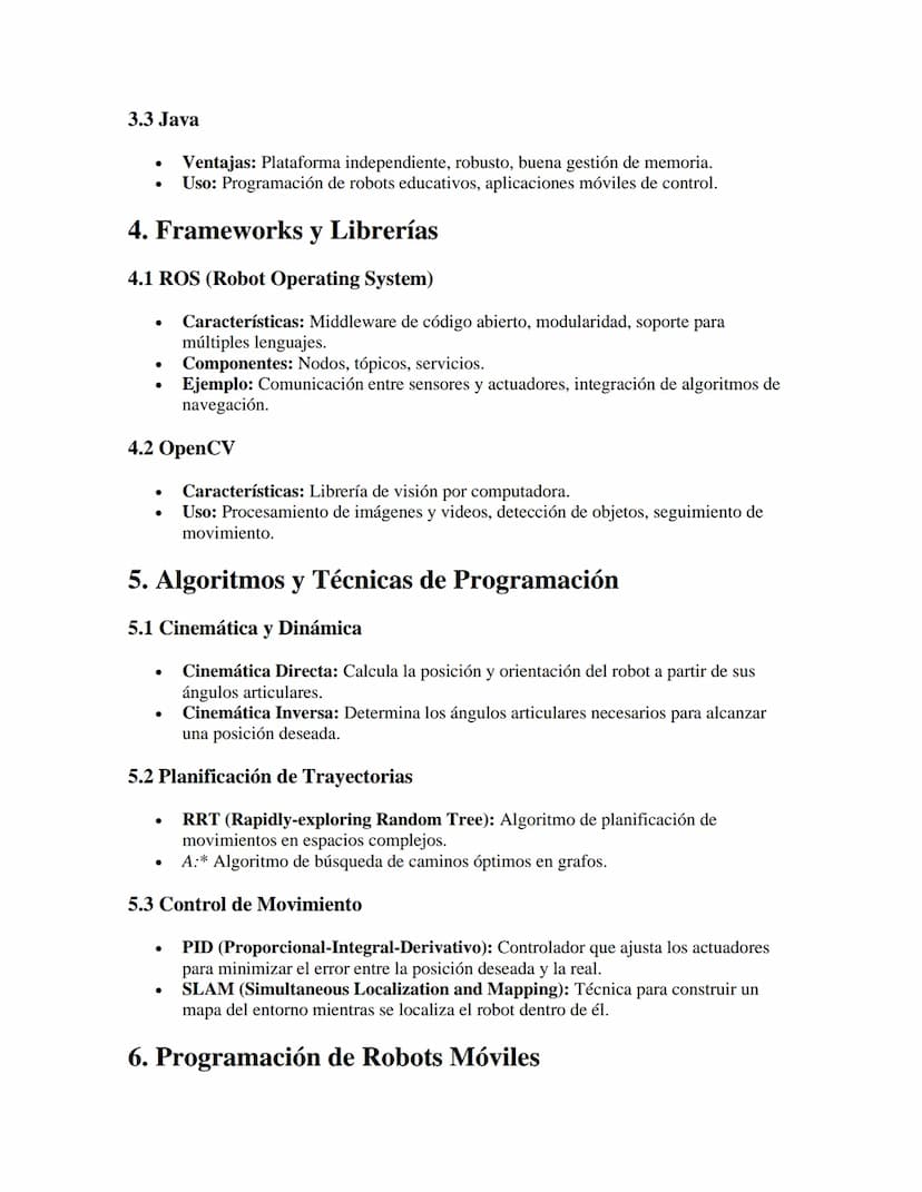Programación de Robots
APUNTES//
1. Tipos de Robots
•
•
•
Robots industriales: Utilizados en fábricas para tareas repetitivas (soldadura,
en