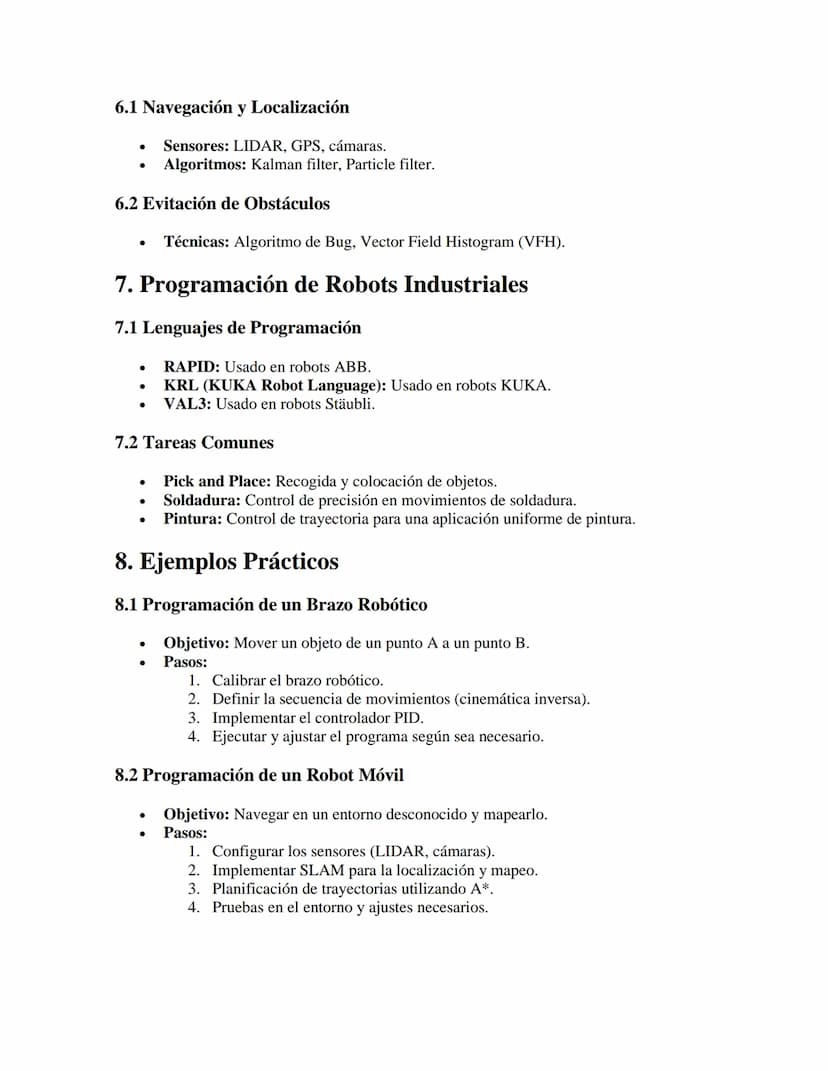 Programación de Robots
APUNTES//
1. Tipos de Robots
•
•
•
Robots industriales: Utilizados en fábricas para tareas repetitivas (soldadura,
en