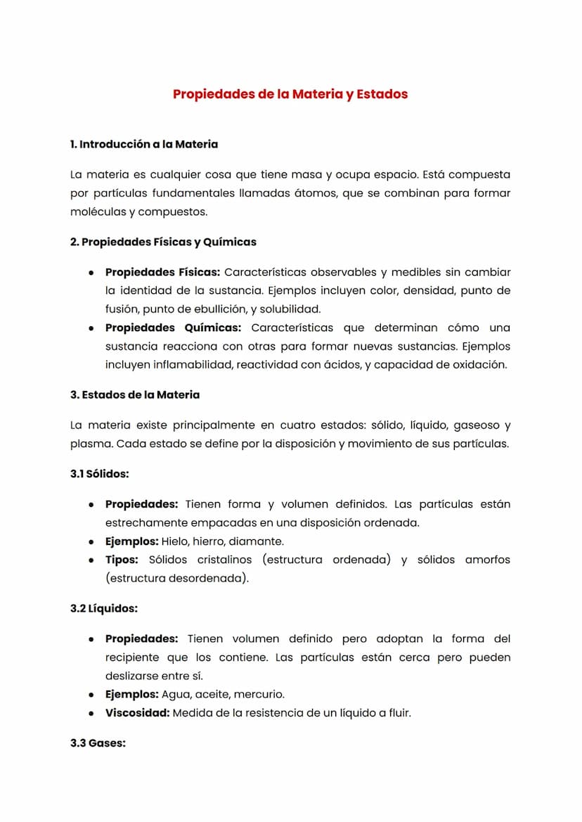 Propiedades de la Materia y Estados
1. Introducción a la Materia
La materia es cualquier cosa que tiene masa y ocupa espacio. Está compuesta