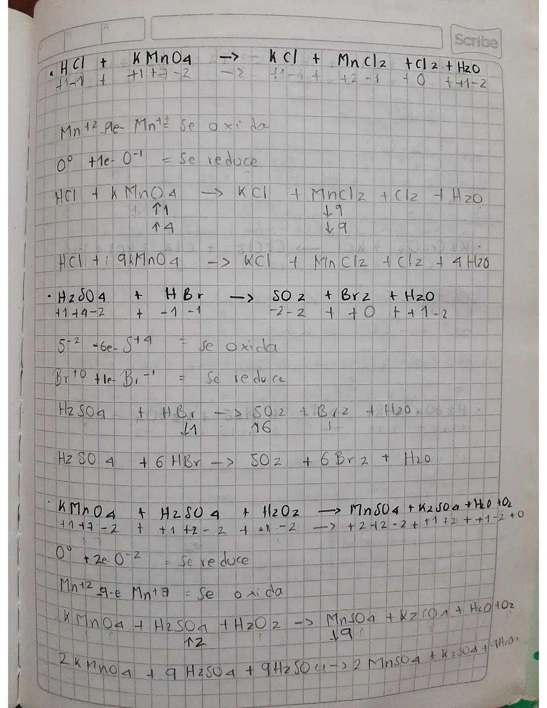.
HC+
KMnO4
->
41-14
+1-2
-2
Mn 12 pe- Mnt se oxida
0° the 0-1
Se reduce
HCl + KMnO4
171
14
Scribe
KCl + MnCl2 + Cl2 + H2O
42-1
+0
+41-2
+ M
