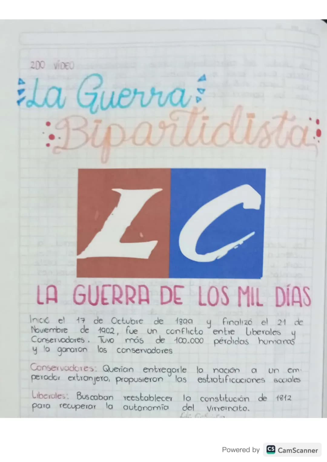 200 VIDEO
La Guerra
Bipartidista
LC
LA GUERRA DE LOS MIL DÍAS
Inicio el 17 de Octubre de 1899 y finalizó el 21 de
Noviembre de 1902, fue un 