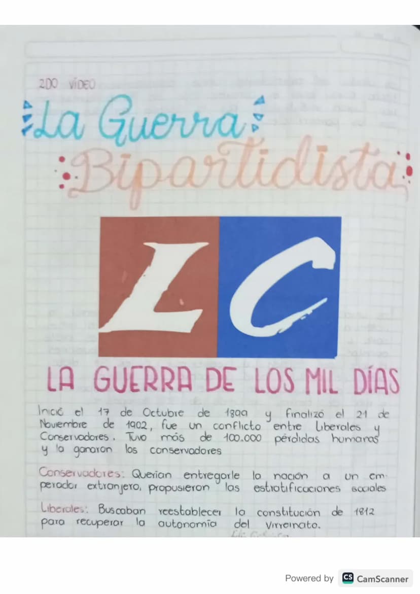 200 VIDEO
La Guerra
Bipartidista
LC
LA GUERRA DE LOS MIL DÍAS
Inicio el 17 de Octubre de 1899 y finalizó el 21 de
Noviembre de 1902, fue un 