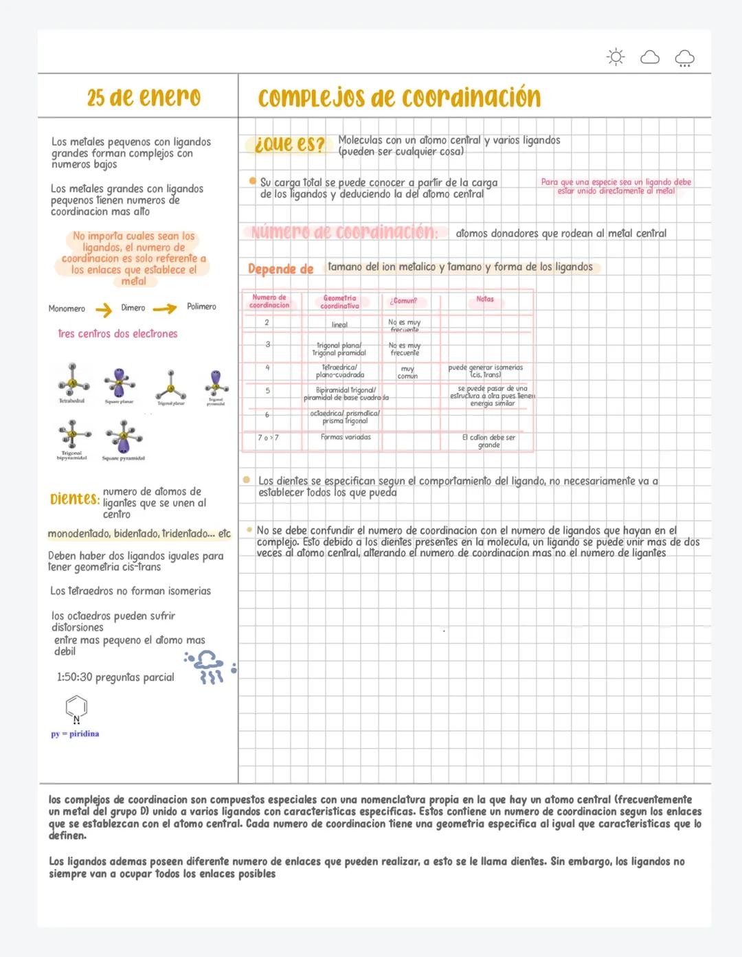 25 de enero
Los metales pequenos con ligandos
grandes forman complejos con
numeros bajos
Los metales grandes con ligandos
pequenos tienen nu