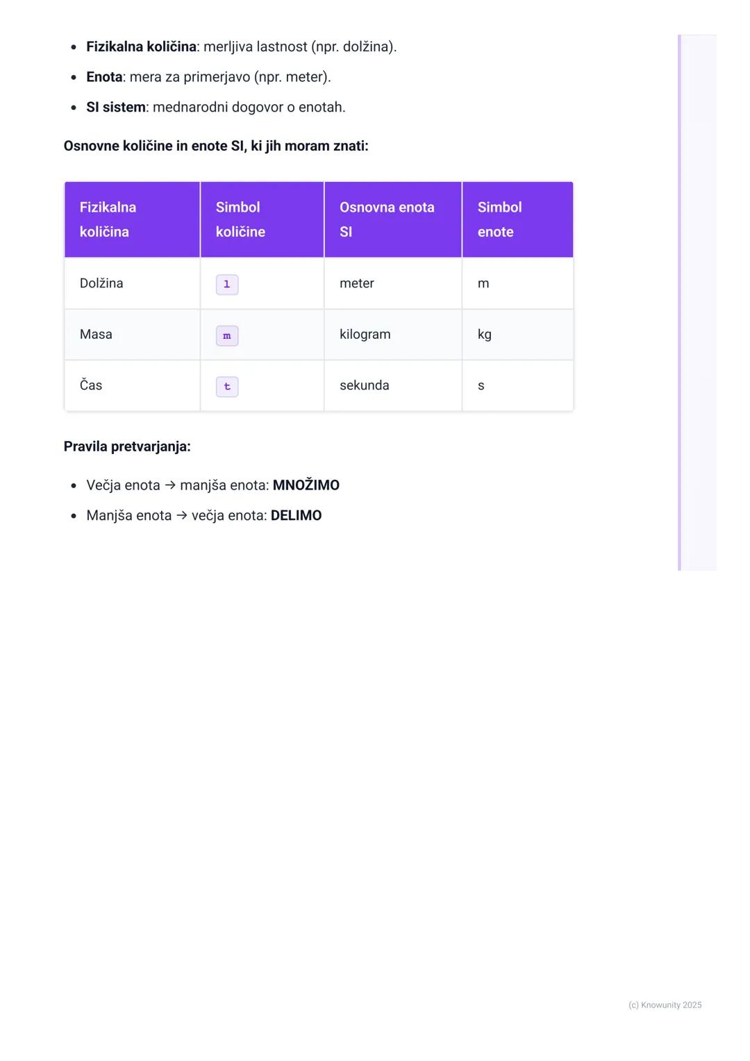 # Fizikalne količine in enote

Uvod v merjenje

V fiziki vse poskušamo izmeriti. Merjenje pomeni, da neko lastnost telesa (npr.
dolžino mize